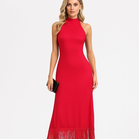 Glam Great Gatsby Red Halter Fringe Hem Evening Maxi Dress NWT Size 0–2 - Picture 1 of 12